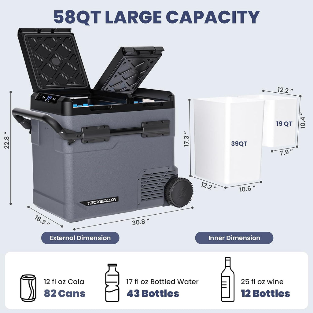 TECXERLLON 12 Volt Car Refrigerator Dual Zone Electric Cooler, 58 Quart Portable Freezer Fridge with APP Control, Compatible with Detachable Battery (Not Included), for Overlanding, Camping, RV, Truck