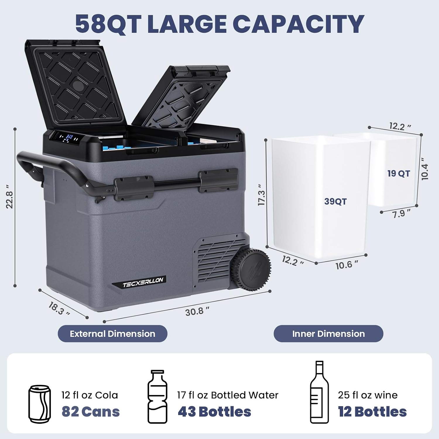 TECXERLLON 12 Volt Car Refrigerator Dual Zone Electric Cooler, 58 Quart Portable Freezer Fridge with APP Control, Compatible with Detachable Battery (Not Included), for Overlanding, Camping, RV, Truck