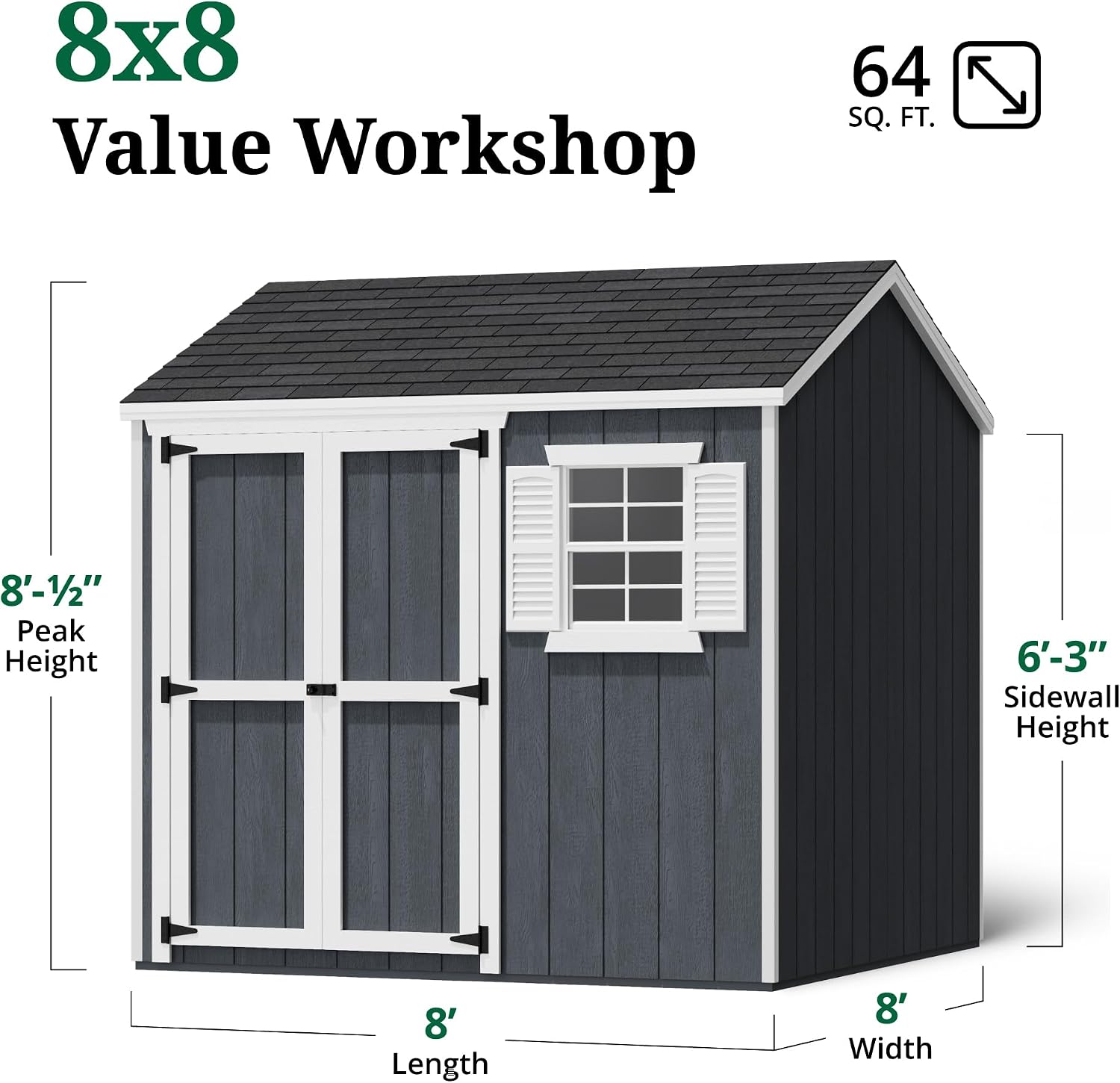 Little Cottage Co. 8x8 Value Workshop Shed with Operable Windows and Floor, Outdoor Wood Storage Do-It-Yourself Precut Kit