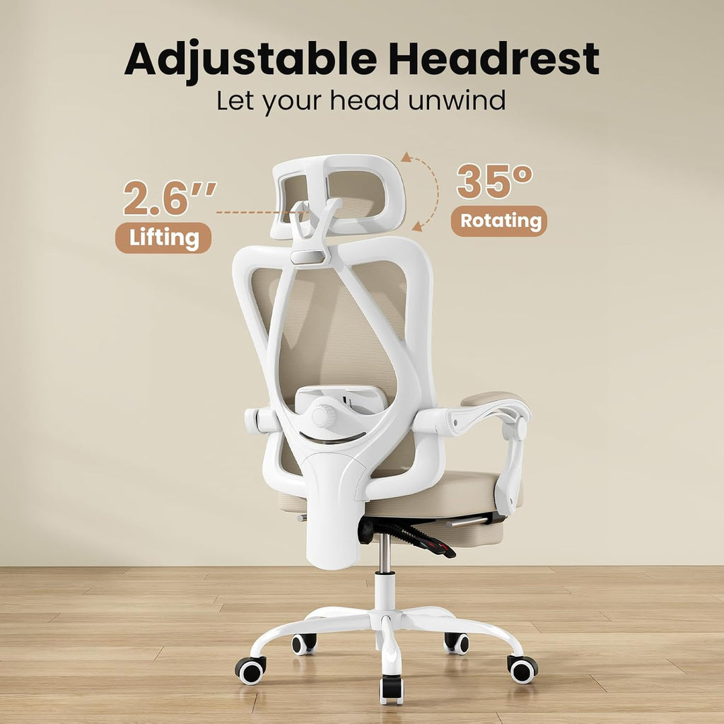 Farini Office Chair with Headrest, Ergonomic Mesh Office Chair with Footrest, High Back Desk Chair with Adjustable Lumber, Swivel Computer Chair for Home Office Study Room, White and Khaki