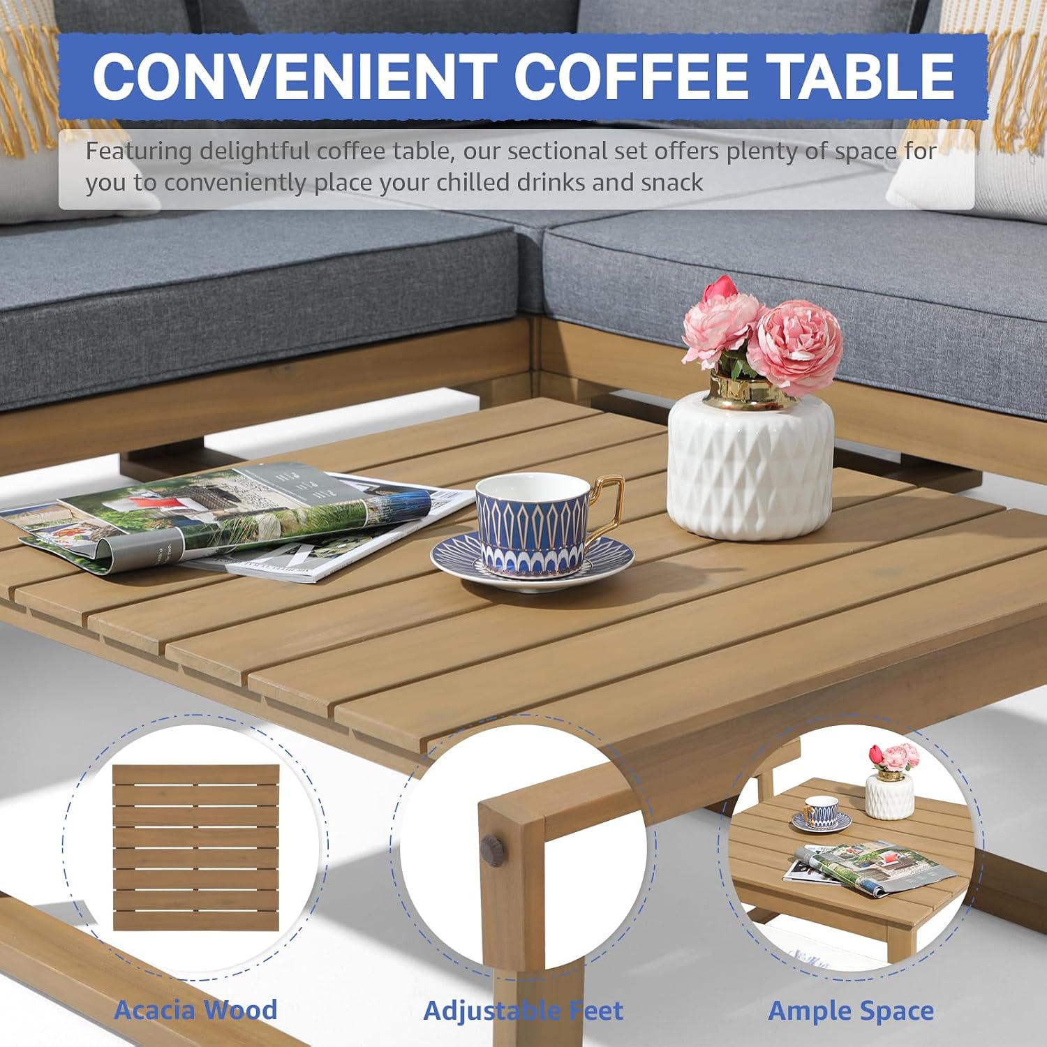 Soleil Jardin 4 Piece Acacia Wood Patio Furniture L-Shaped Outdoor Sectional Sofa Set with Coffee Table, FSC Certified Conversation Set with Built-in Side Table and Grey Cushions for Garden
