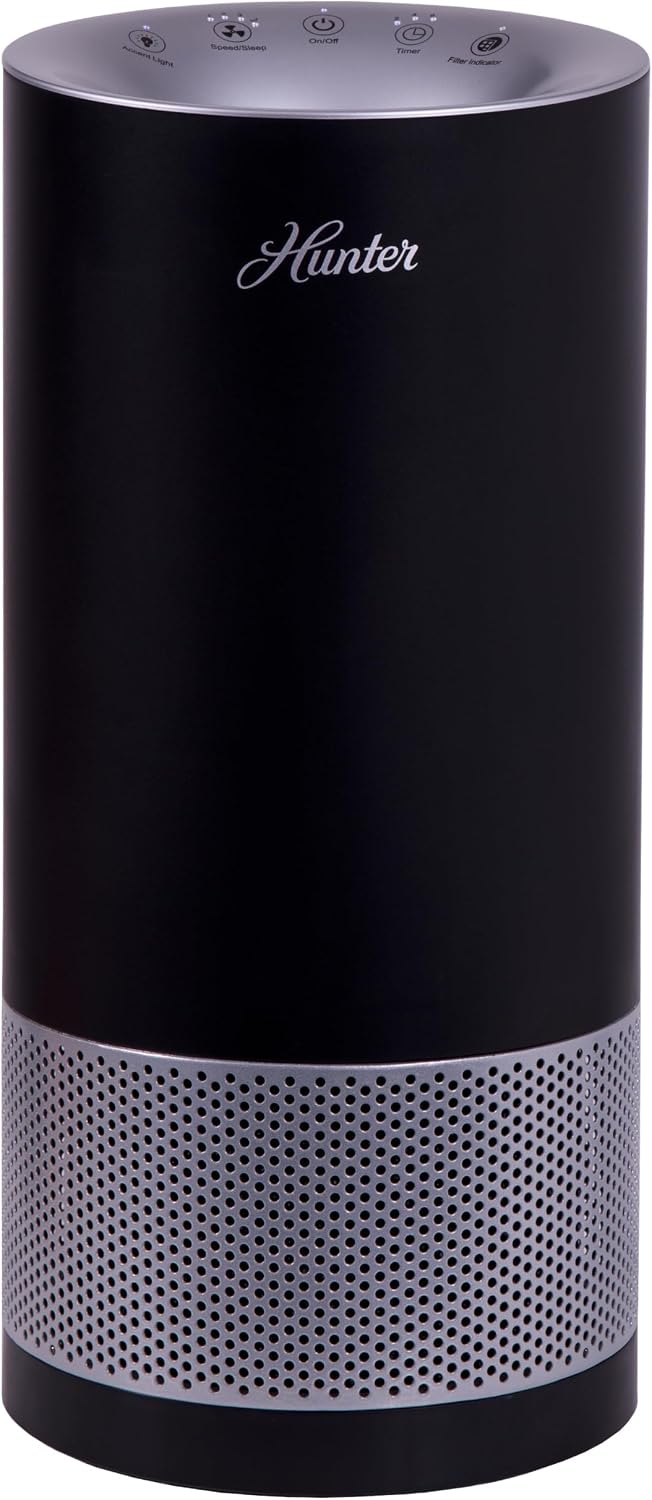 Hunter HP400 Round Air Purifiers for Home, True HEPA Air Purifier Tower for Pets, Odors, Allergens, Smoke, Dust, VOC's. HEPA Air Purifiers for Bedroom and Small Room. Black and Silver