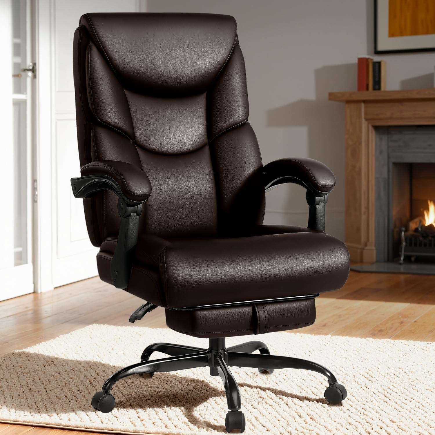 WAILOR 400lbs Office Chair with Foot Rest, Reclining Big and Tall Office Chair with Lumbar Support, High Back PU Leather Computer Chair,Comfy Desk Chair for Home Office (Casual) (Brown)