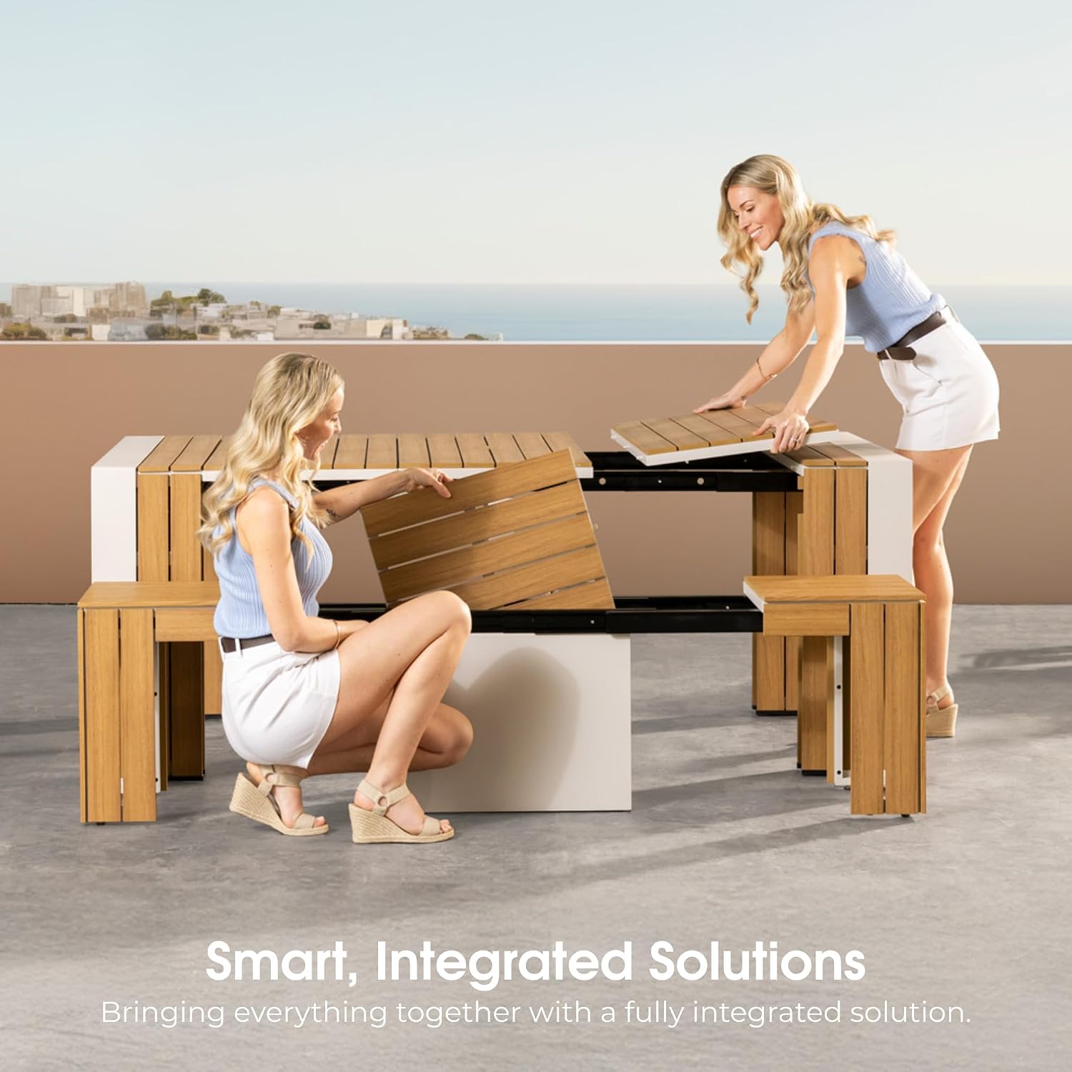 Transformer Table - Extendable Outdoor Dining Set, up to 12 Expandable Patio Table, Seats, Weather-Resistant Patio Furniture, Light Oak, Natural (Table + 2 Benches)