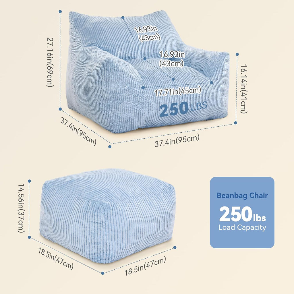 INMOZATA Bean Bag Chair with Ottoman, Cloud Boneless Couch - Oversized Memory Foam Beanbag Set for Adults & Teens, 3FT Plush Corduroy Comfy Lounge Sofa for Bedroom, Dorm & Reading Nook (Light Blue)