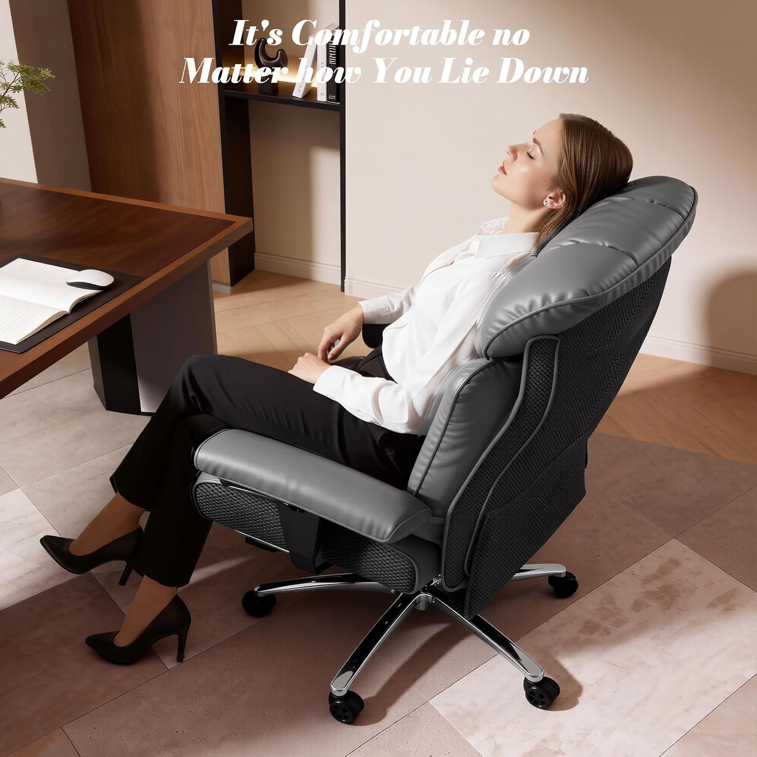 Efomao Big and Tall Office Chair 400lbs, Executive High Back Office Chair with 24' Extra Wide 6.1' Spring Cushion and Footrest, Reclining Heavy Duty Desk Chair for Home Office, Grey