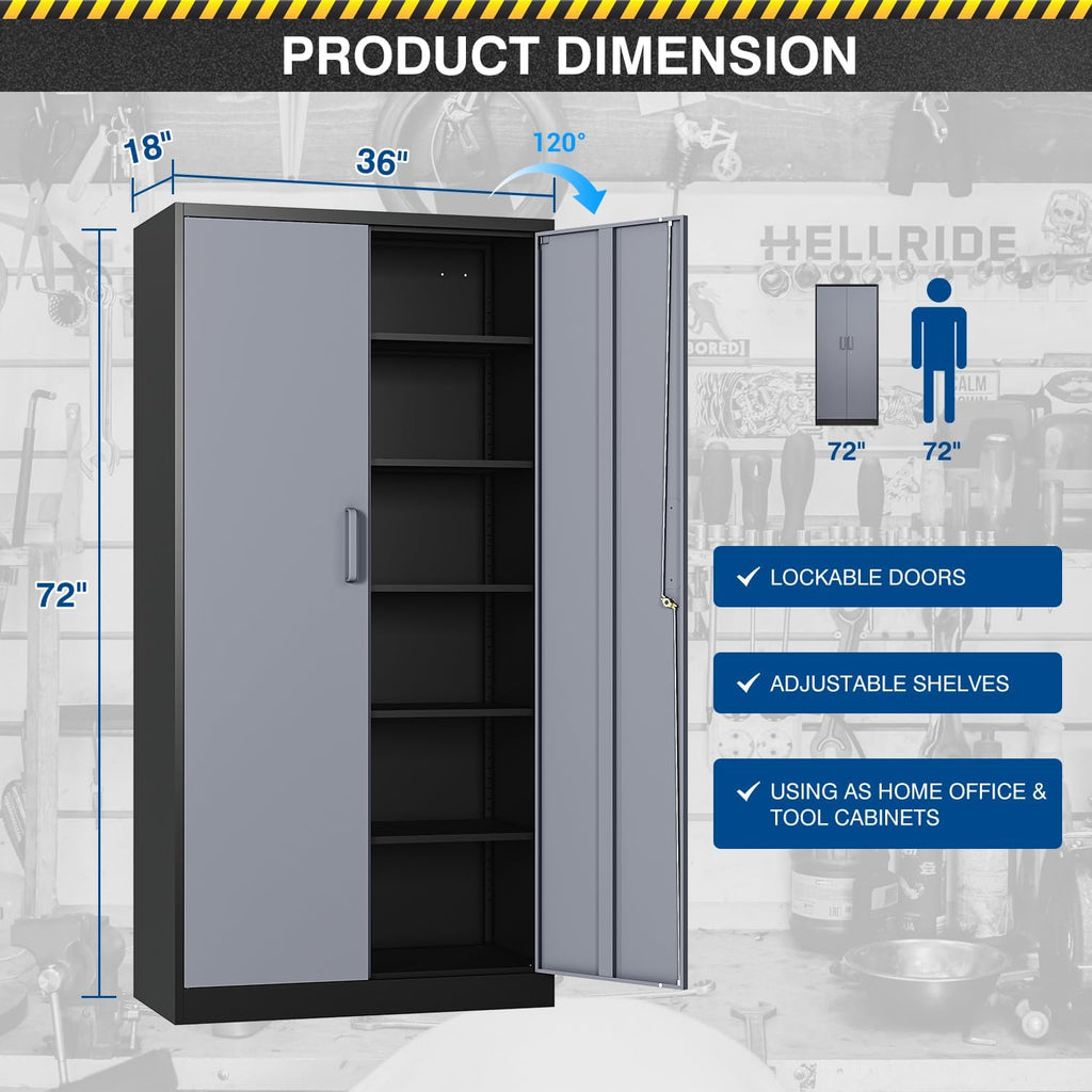 Fesbos Metal Storage Cabinet-72' Tall Steel File Cabinets with Lockable Doors and 5 Adjustable Shelves-Black&Gray Steel Storage Cabinet for Home, School, Office, Garage