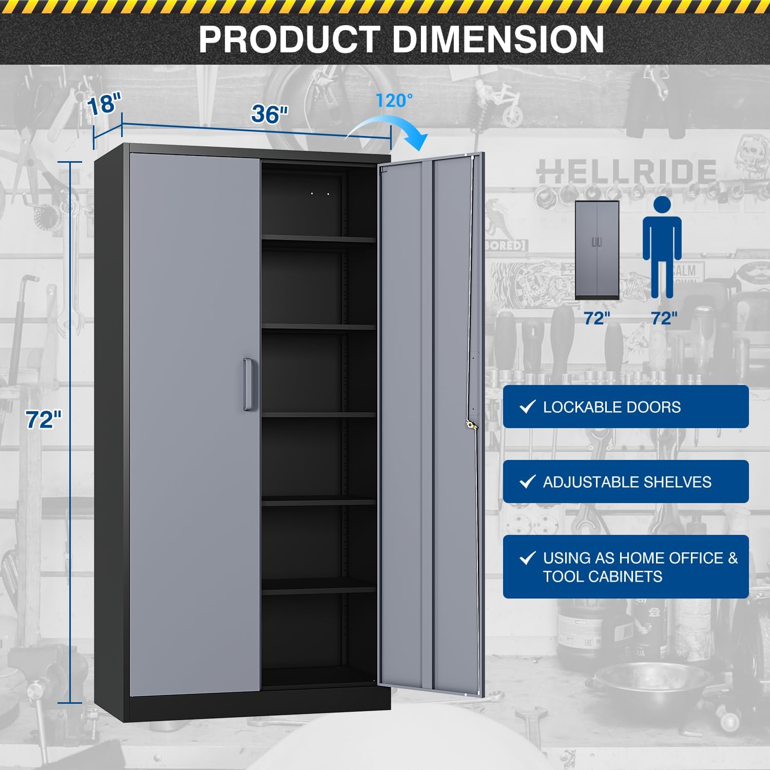 Fesbos Metal Storage Cabinet-72' Tall Steel File Cabinets with Lockable Doors and 5 Adjustable Shelves-Black&Gray Steel Storage Cabinet for Home, School, Office, Garage