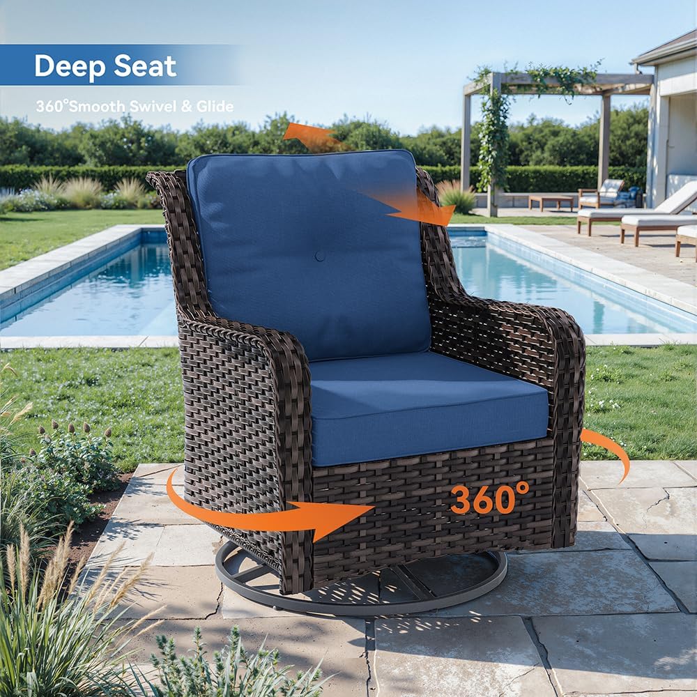 Kurapika 7-Piece Patio Furniture Set, Wicker Thick-Backed Outdoor Swivel Rocking Chair, Includes Coffee Table and Thick Cushions, Conversation Set for Porch,Patio, Navy Blue