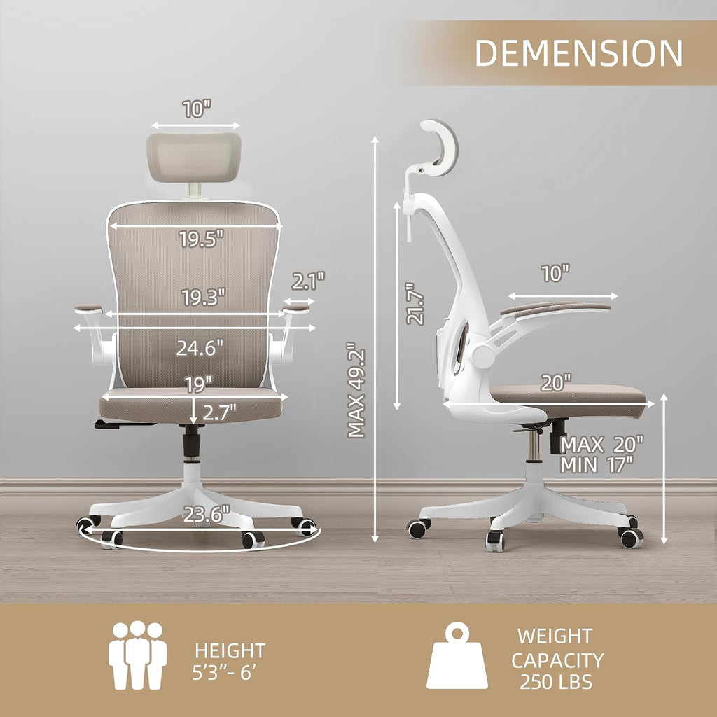 Monhey Ergonomic Office Chair, 90°-125° Tilt Back Home Desk Chair with 360° Swivel & Mute Wheels, High Back Mesh Computer Chair for Adults with Lumbar Support, 330 LBS Capacity (04White+Khaki)