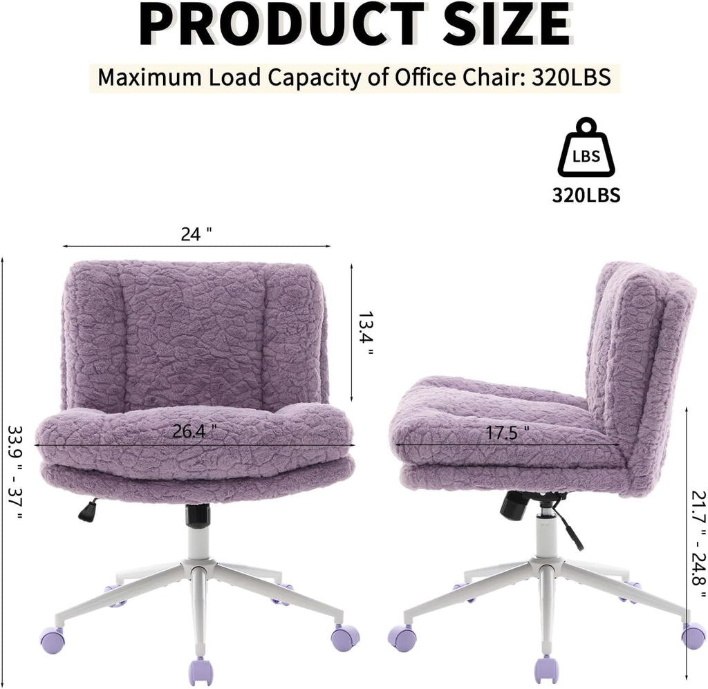 Shenyon Criss Cross Chair with Wheels, Wide Cross Legged Office Chair with 2 Layer Cushions & Back, Adjustable Swivel Home Office Chair, Comfy Faux Fur Makeup Vanity Chair for Girls Women, Violet