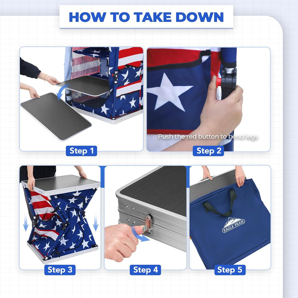 EAGLE PEAK Outdoor Folding Camping Table with Large 3-Tier Storage Organizer and Side Pockets, Easy Set Up Portable Aluminum Camping Kitchen, American Flag