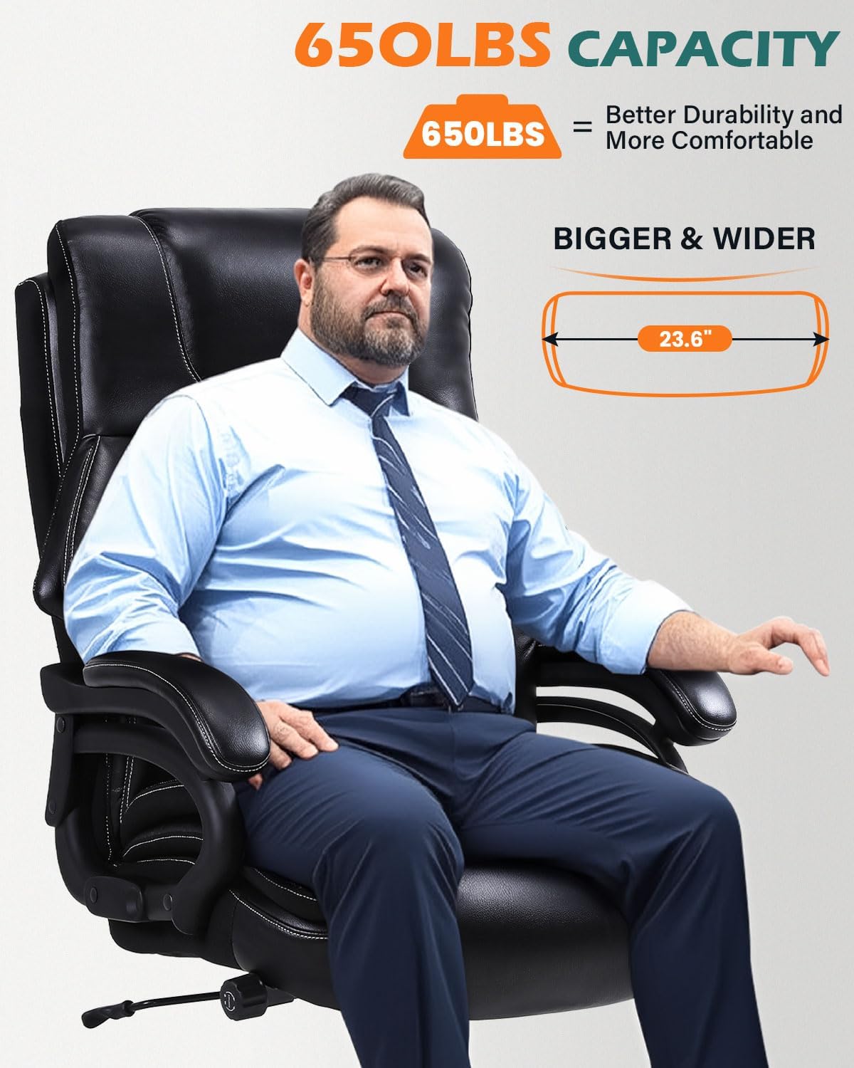 BOSMILLER 650lbs Large Big and Tall Office Chair for Heavy People with Adjustment Lumbar Support, Comfy Padded Heavy Duty Leather Executive Office Chair with Quiet Rubber for Adults 8 Hours Daliy Work