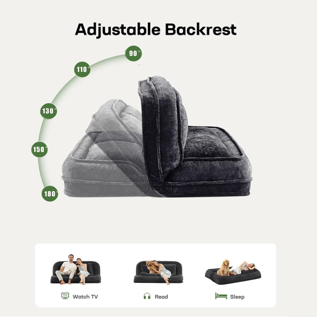 Floor Chair with Back Support, Human Dog Bed, Folding Loveseat with 5 Adjustable Position, 2 Back Cushions, Chenille Meditation Gaming Chair for Lazy Boys, Living Room, Lounge, Bedroom, Black