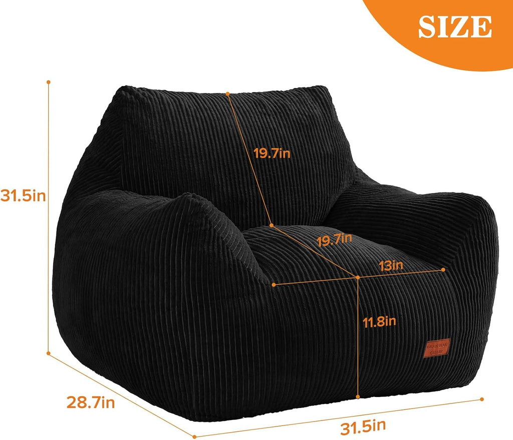 Big Bean Bag Chair for Adults, Ultra Soft Living Room Bean Bag with Armrests, Stuffed BeanBag Chair for Napping, Gaming, Vacuum-Compressed for Easy Gifting, 48 Hours to Fluffs Up, Black