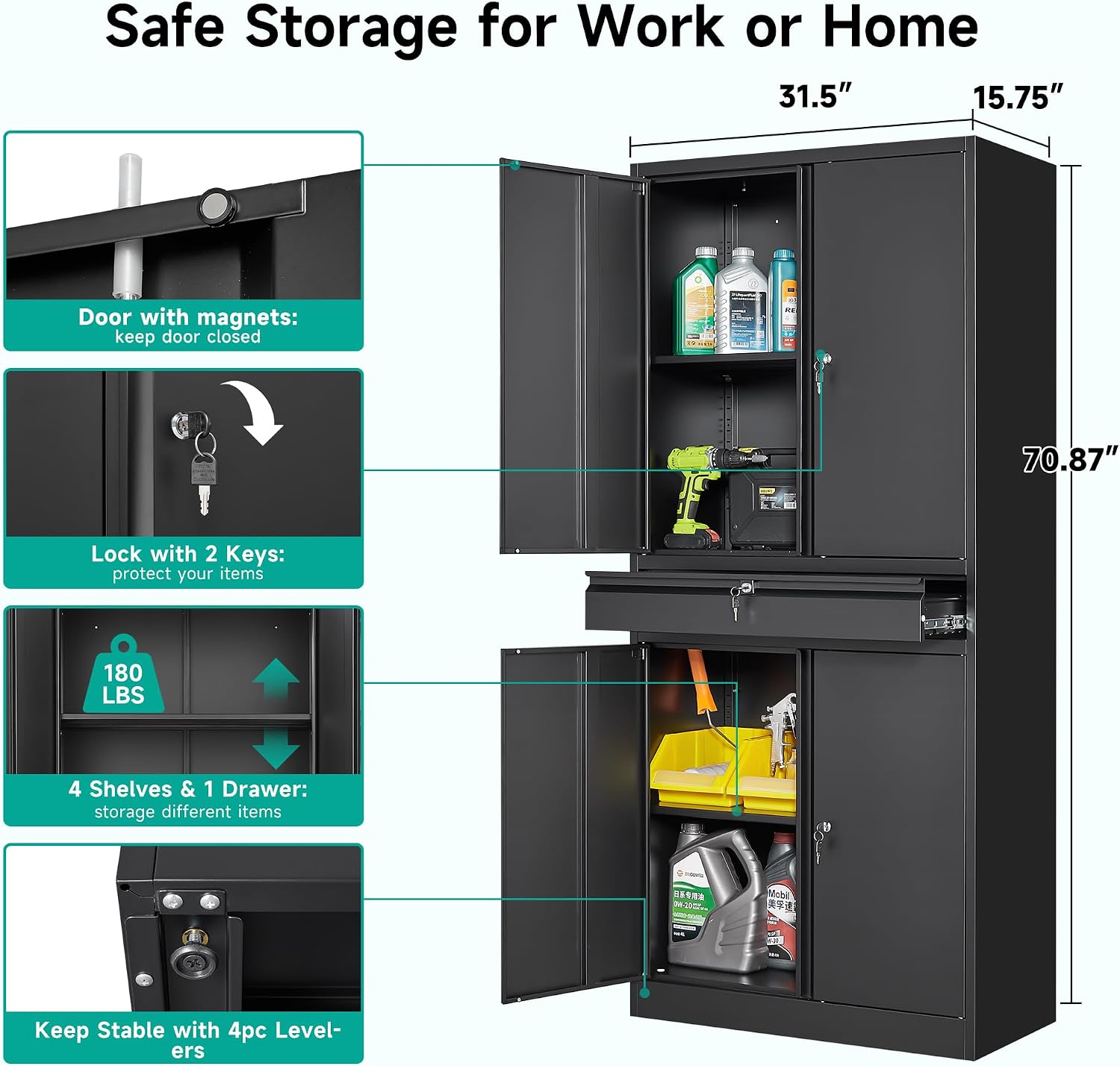 SISESOL Metal Garage Storage Cabinet with Drawer and Lock,Black Metal Storage Cabinet with Locking Doors and Adjustable Shelves,71' Tall Large Steel Tool Cabinets for Home,Office,Garage,Shop