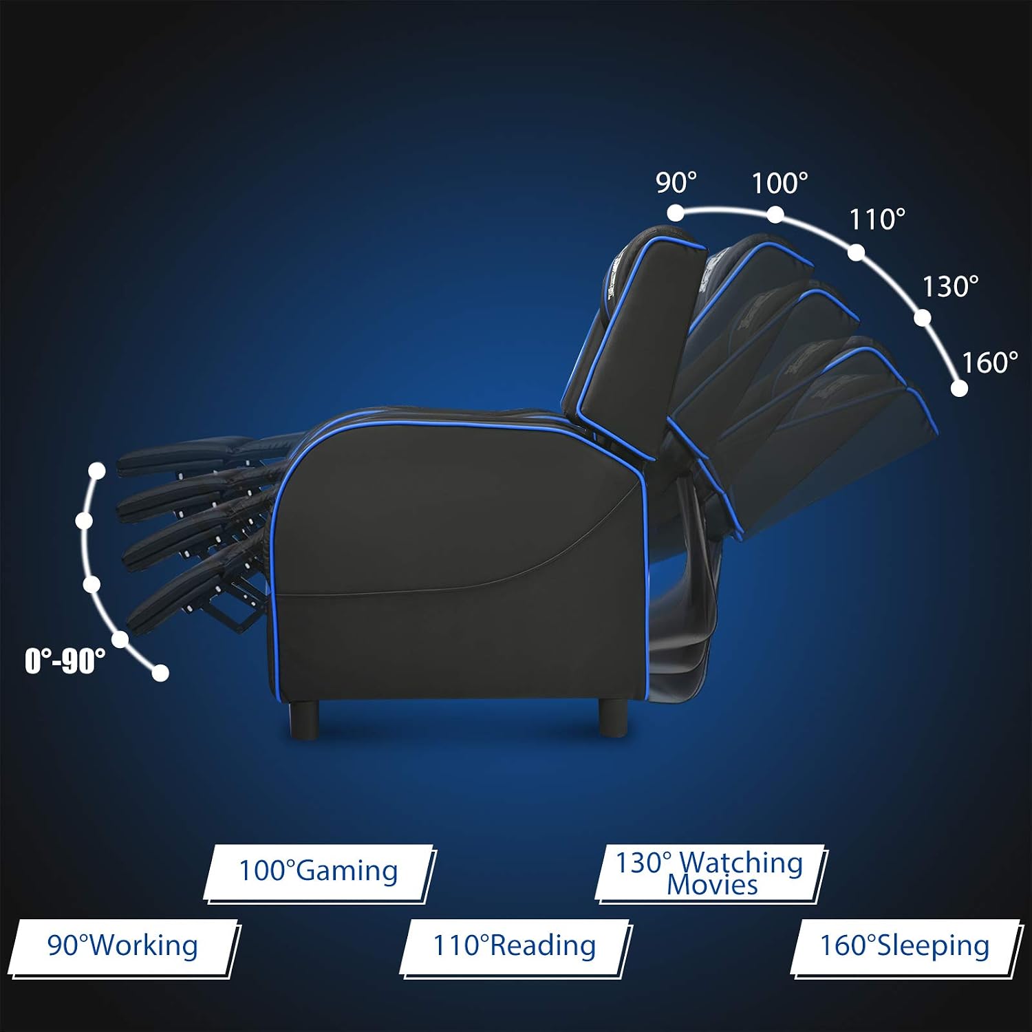POWERSTONE Gaming Recliner Chair, Reclining Gaming Chairs for Adults Ergonomic Leather Sofa with Footrest Lumbar Support Headrest and Side Pouch for Living Room Home Theater, Blue