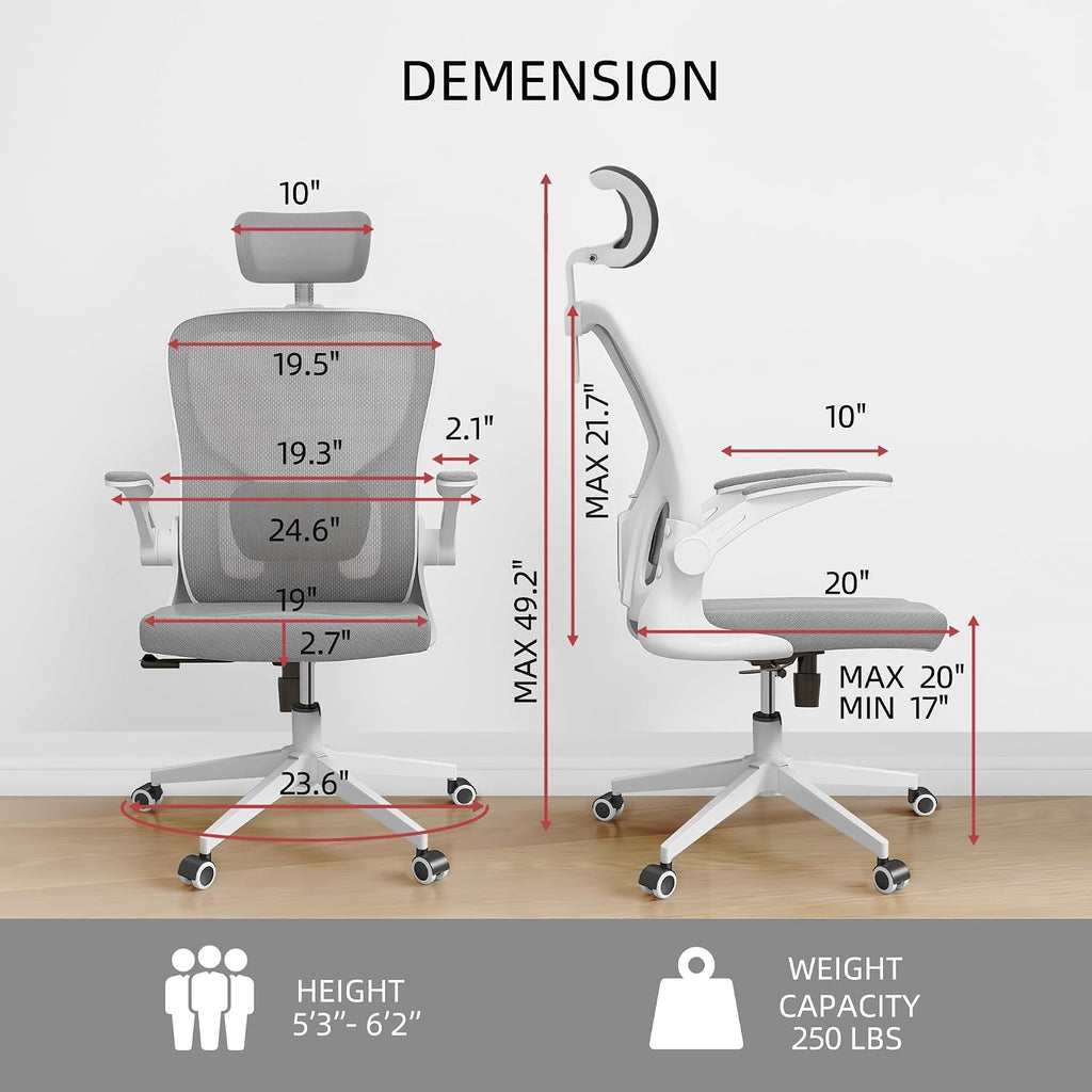 Monhey Office Chairs, Ergonomic Office Chair, Computer Chair with Adjustable Headrest, Lumbar Support, 2D Armrest, Metal Base and Iron Legs, White Frame Grey Mesh Office Chair