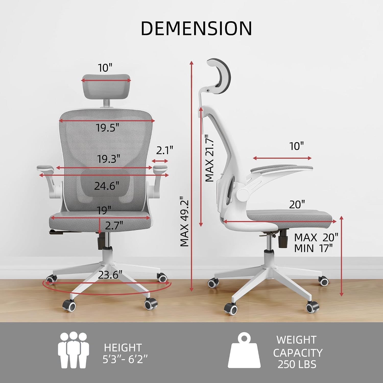 Monhey Office Chairs, Ergonomic Office Chair, Computer Chair with Adjustable Headrest, Lumbar Support, 2D Armrest, Metal Base and Iron Legs, White Frame Grey Mesh Office Chair