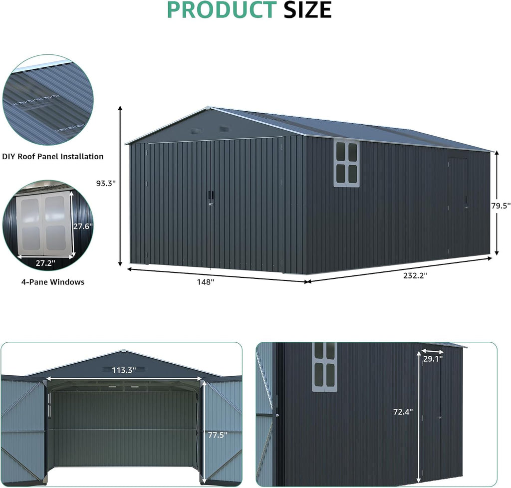 YOPTO 13x20 FT Outdoor Storage Shed, Large Metal Garage Sheds with Two Windows and Two Translucent Panels,Tool House w/Free Light Panet & Sloped Roof,for Car,Truck,Bike,Lawnmower,Tool,Dark Gray