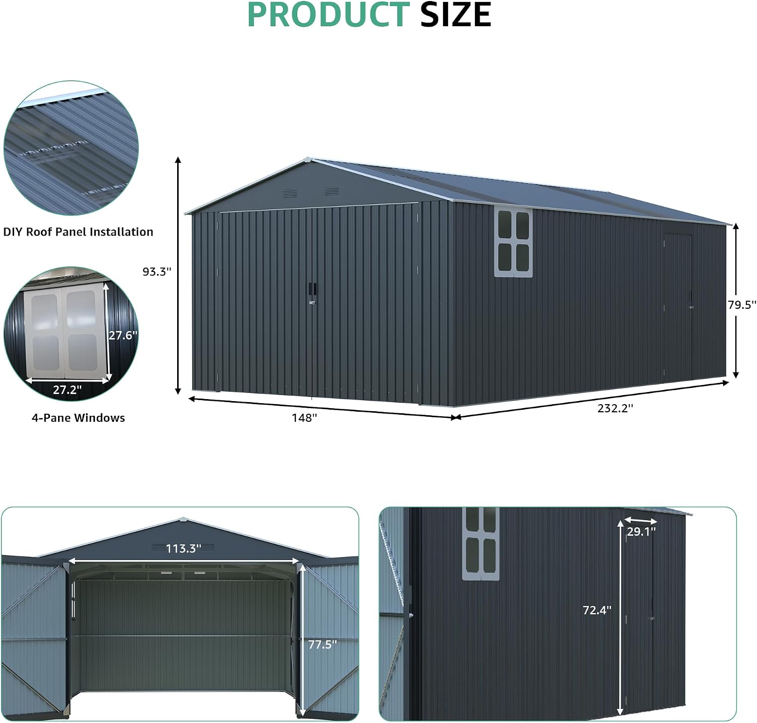 YOPTO 13x20 FT Outdoor Storage Shed, Large Metal Garage Sheds with Two Windows and Two Translucent Panels,Tool House w/Free Light Panet & Sloped Roof,for Car,Truck,Bike,Lawnmower,Tool,Dark Gray