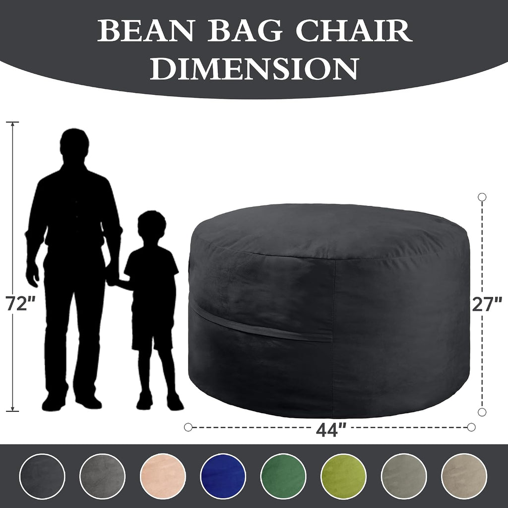 4FT Bean Bag Chair, Bean Bag Chairs for Adults and Kids, Fluffy and Comfy Bean Bag with Velvet Cover, Bean Bag with Memory Foam Filled for Gaming, Living Room, Playroom (Black - Taller version)