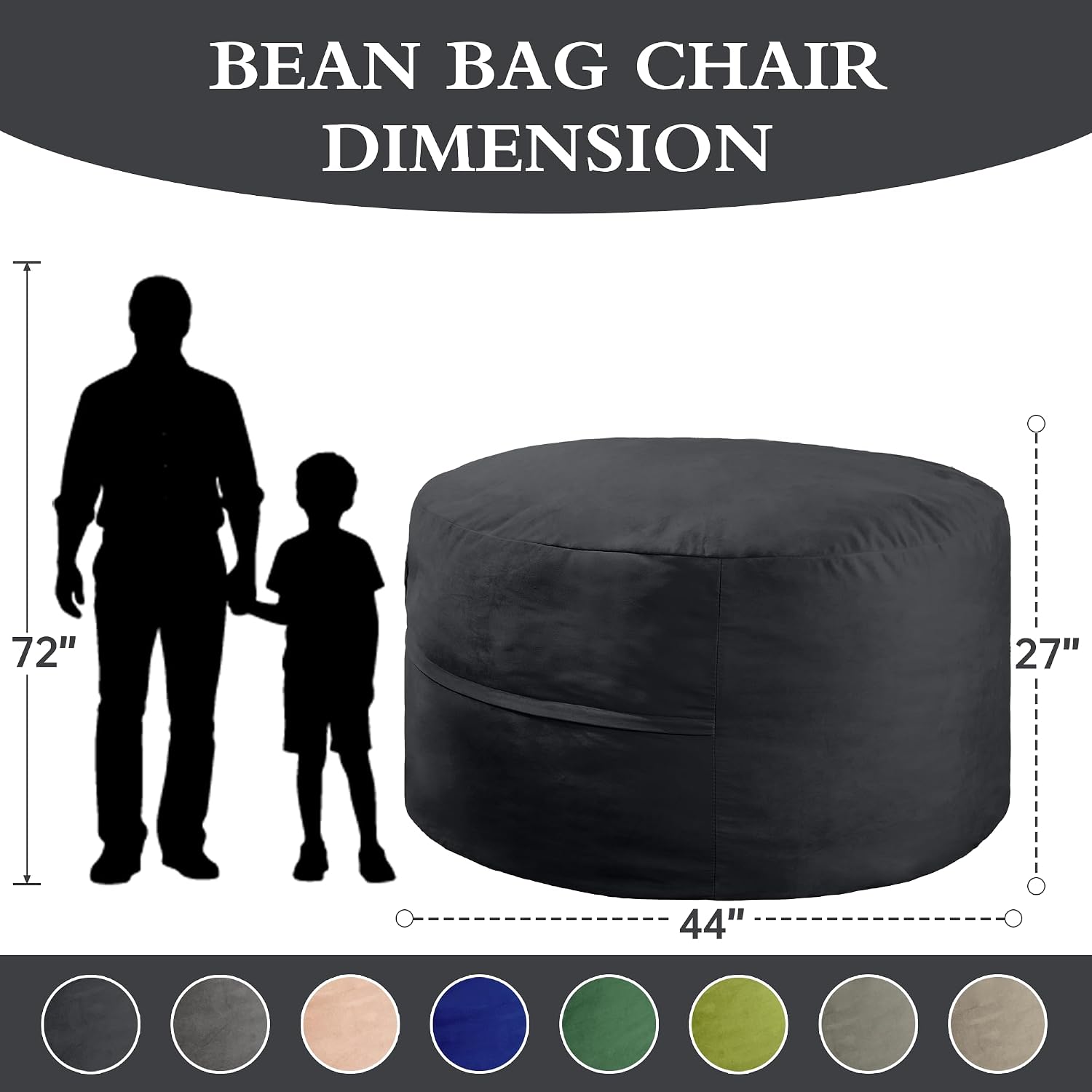 4FT Bean Bag Chair, Bean Bag Chairs for Adults and Kids, Fluffy and Comfy Bean Bag with Velvet Cover, Bean Bag with Memory Foam Filled for Gaming, Living Room, Playroom (Black - Taller version)