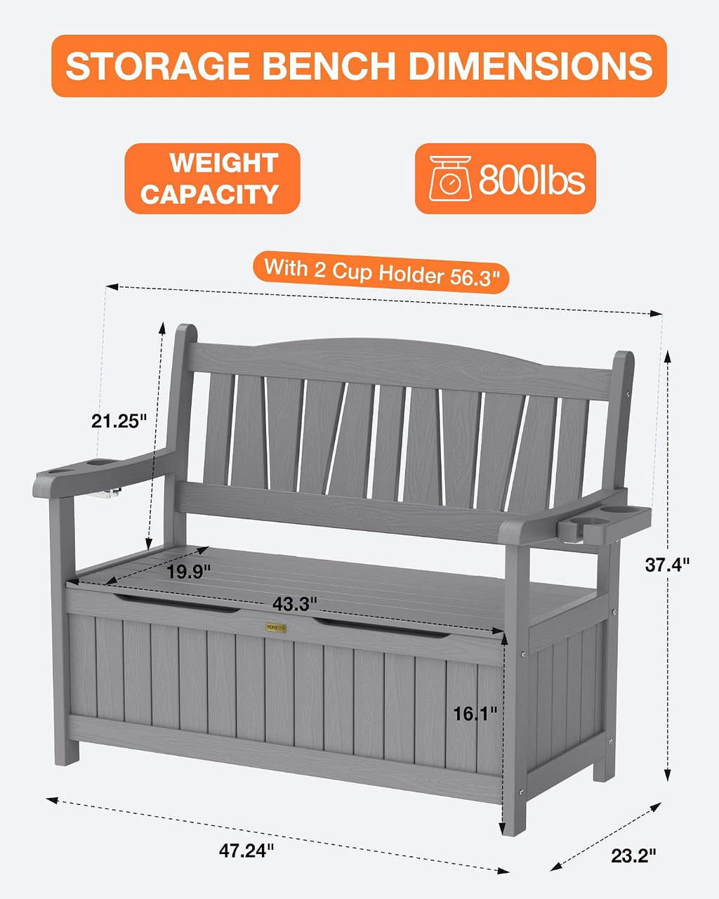 YEFU Outdoor Storage Bench for Patio: Heavy Duty Garden Bench Set of 2 with 96° High Backrest & Oversized Seating - HIPS Weatherproof Patio Bench with Storage for Porch Park Backyard, Grey