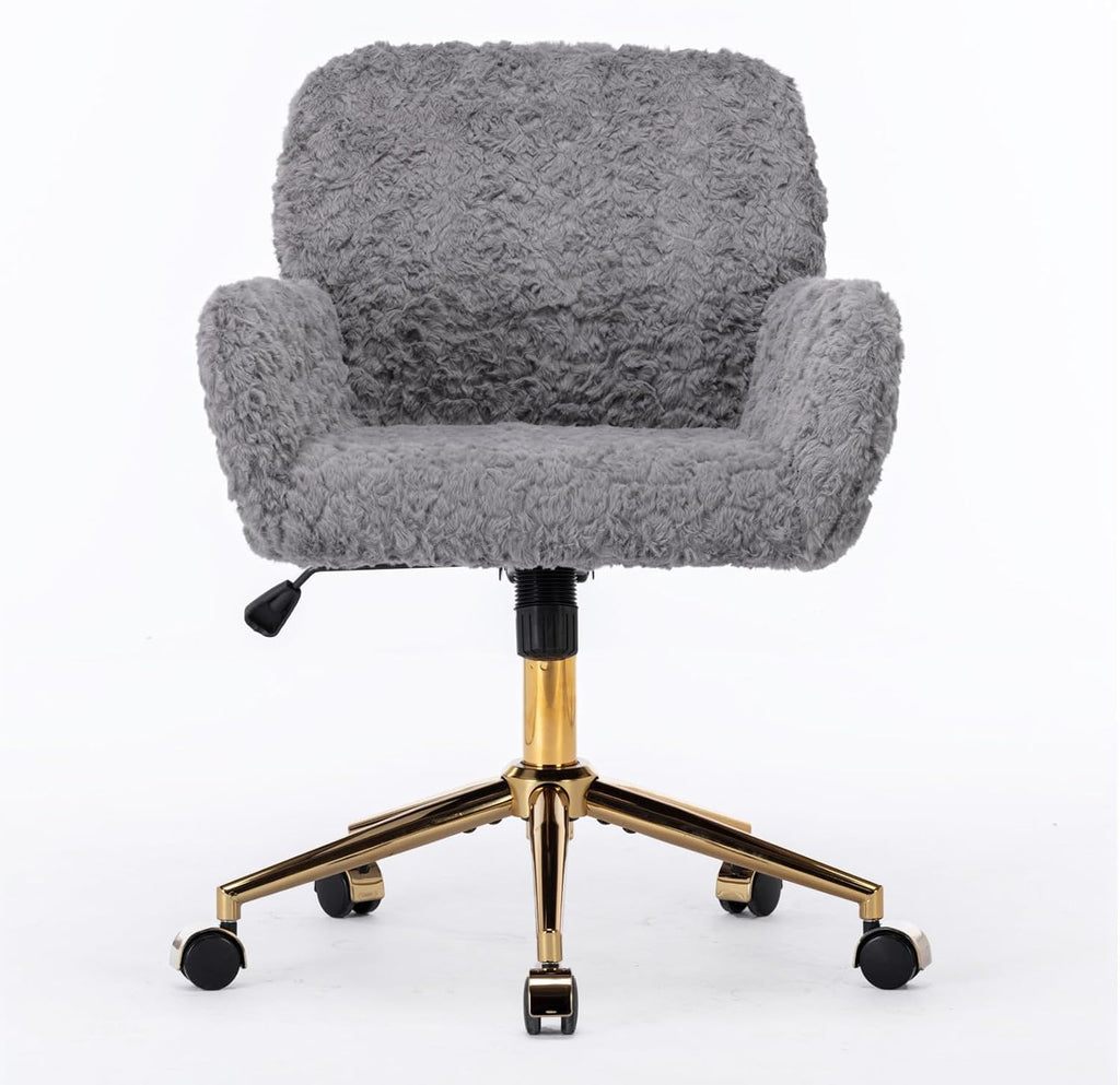 Faux Fur Makeup Vanity Chair, Comfy Fuzzy Home Office Desk Chair with Wheels & Gold Base, Upholstered Adjustable Swivel Office Chair for Teens Girls Women Home Office, Grey