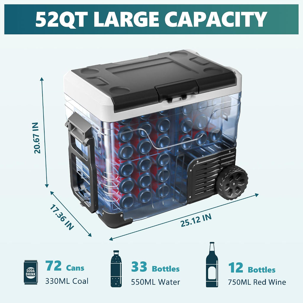EUHOMY 12 Volt Refrigerator, 52QT(50L) Electric Cooler, Portable Freezer 12V/24V DC 100-240V AC, 12V Fridge -4℉~68℉, 12V Cooler with Wheels & 2 Baskets for Travel, Truck, Boat, Camping