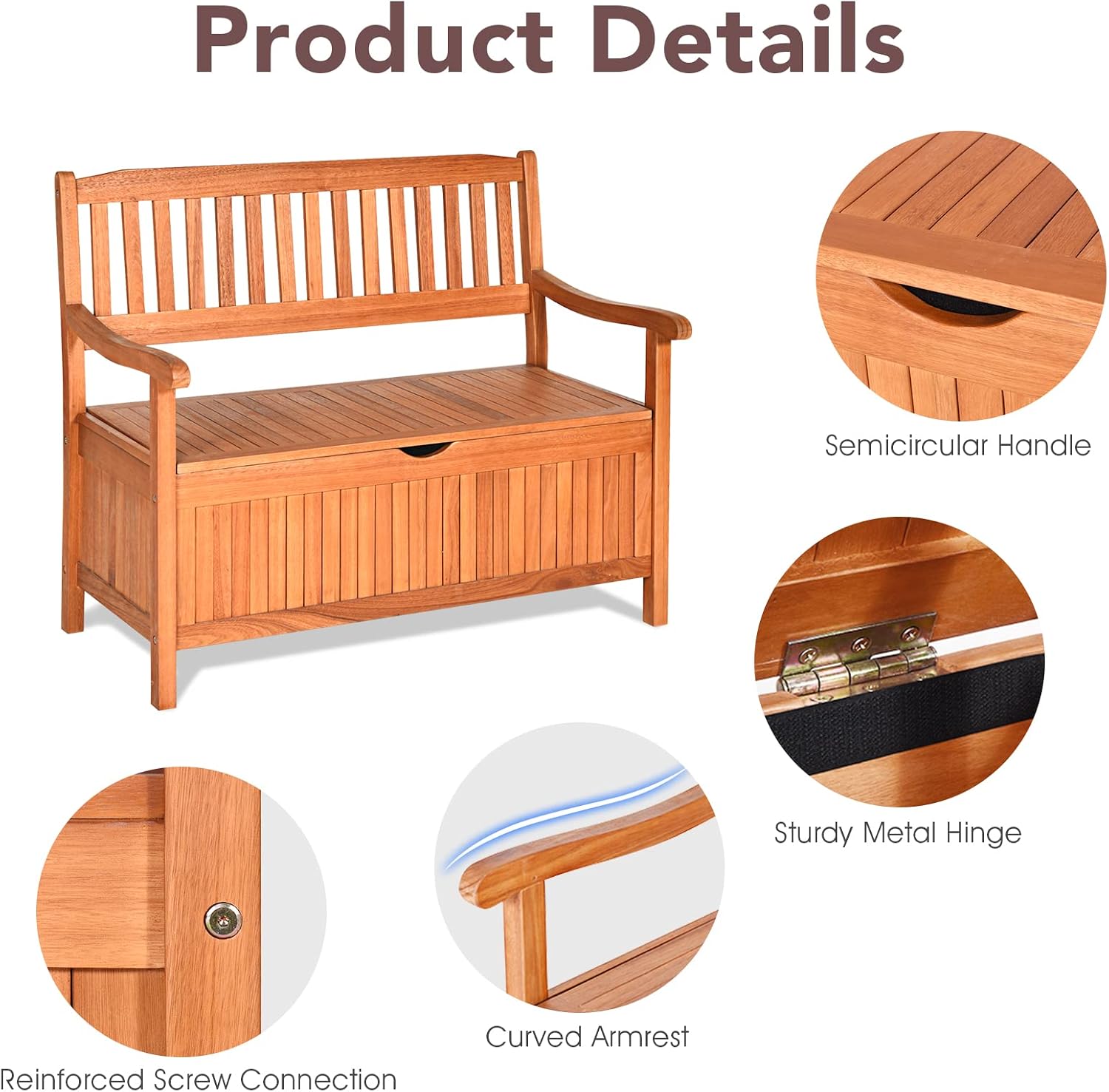 LDAILY 33 Gal Outdoor Storage Bench, Eucalyptus Multi-Functional Deck Box with 800 lbs Heavy Duty Capacity, Removable Liner, Patio Storage Bench for Garden, Poolside, Front Porch, Entryway