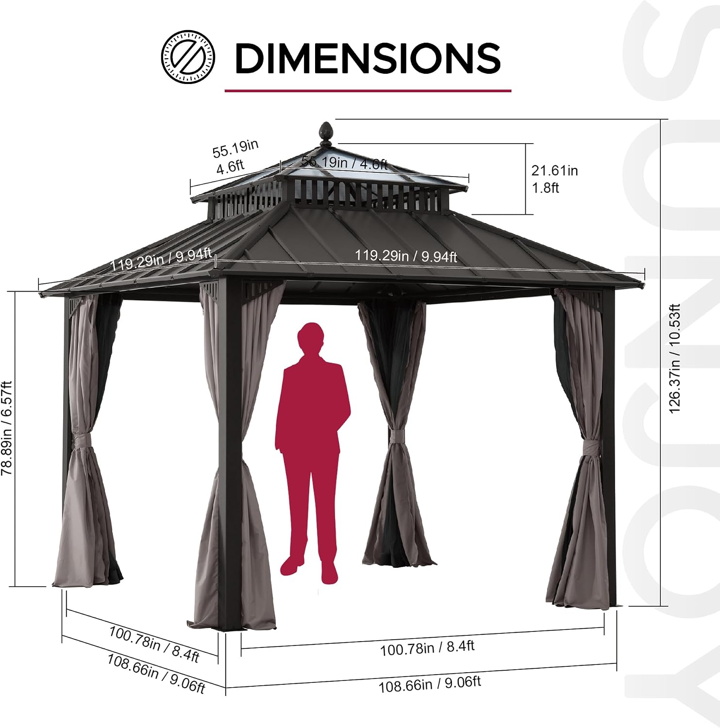SUNJOY Kingston 10' x 10' Hardtop Gazebo with Galvanized Steel/Polycarbonate Double Roof, Curtain and Netting, Brown Aluminum Posts Permanent Pavilion Gazebo for Garden, Patio, Deck, Lawn