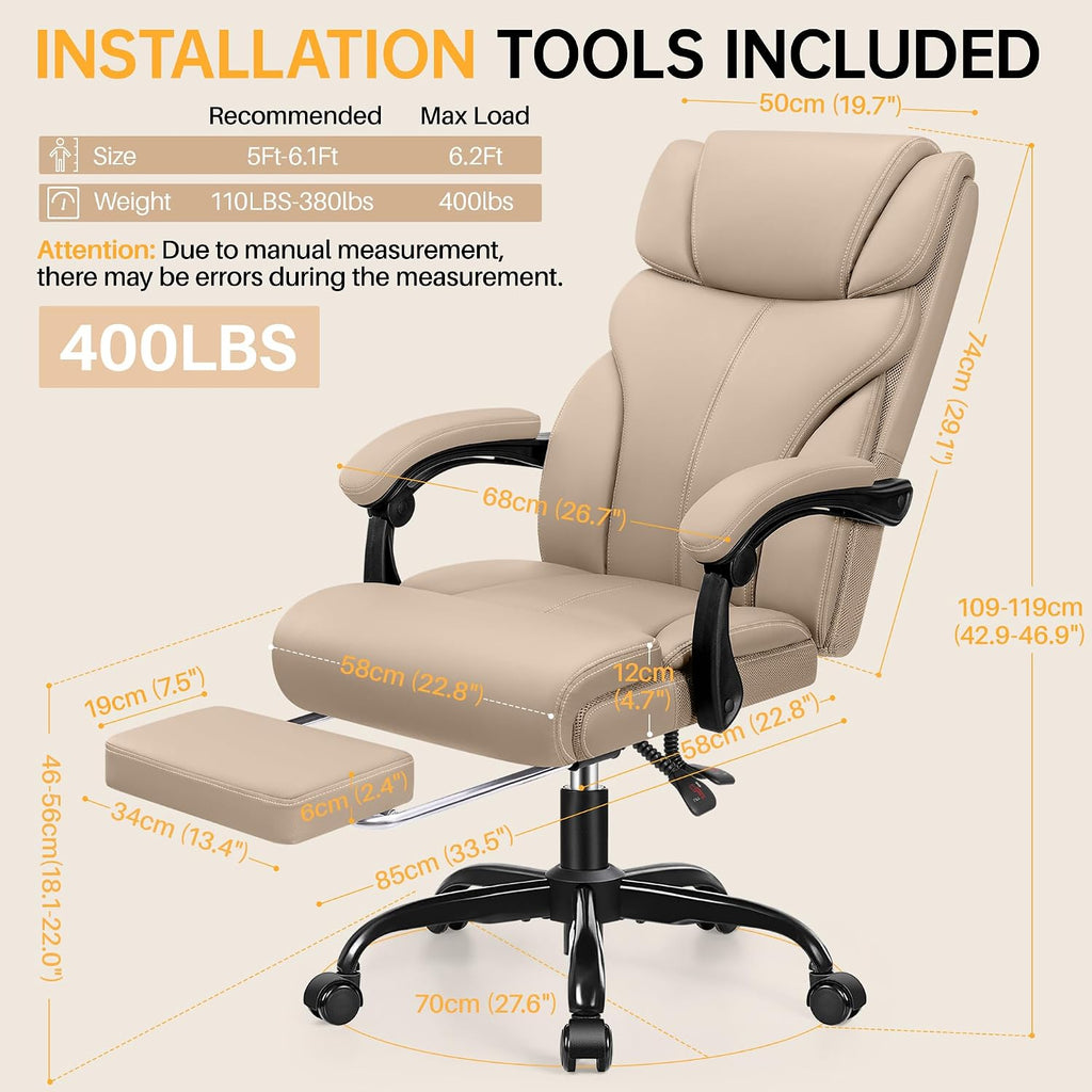 HeroSet Big and Tall Office Chair with Foot Rest, 400lbs Ergonomic Reclining High Back Executive Leather Chair, Lumbar Support Swivel Computer Desk Chairs for Heavy People Home Office Gaming(Khaki)