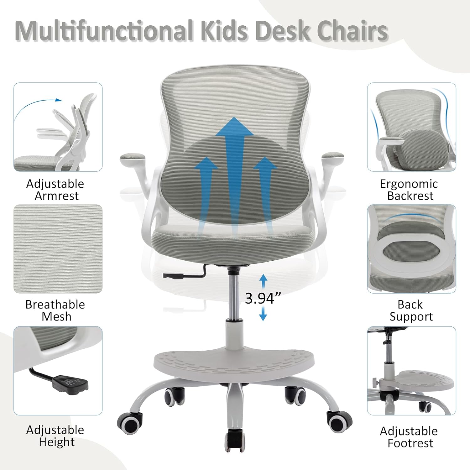 Kids Desk Chair,Ergonomic Study Chair with Adjustable Height,Swivel Mesh Desk Chair with Wheels,Home Office Chair for Children in Home Bedroom Grey
