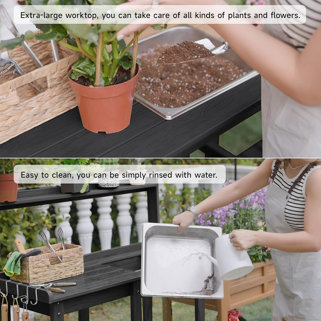 ONBRILL Potting Bench, Outdoor Potting Bench Table with Removable Sink, HDPS Potting Benches for Outside, Garden Table with Storage Shelves & 4 Side Hooks, No Rot, No Fade, No Break, 360lbs Capacity