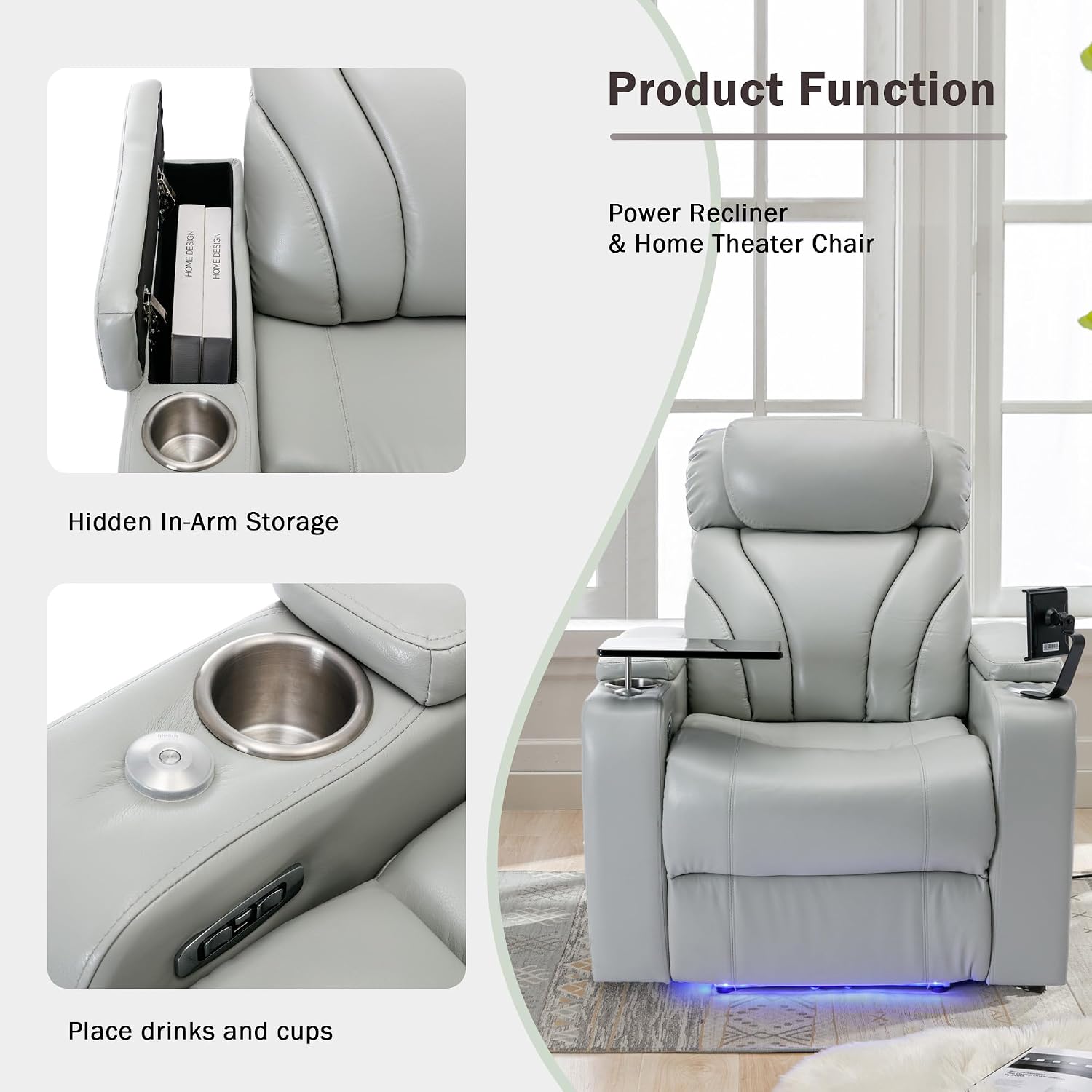 Merax Power Motion Recliner with USB Charging Port and Hidden Arm Storage, Home Theater Seating with Convenient Cup Holder Design,and Stereo(Light Grey)