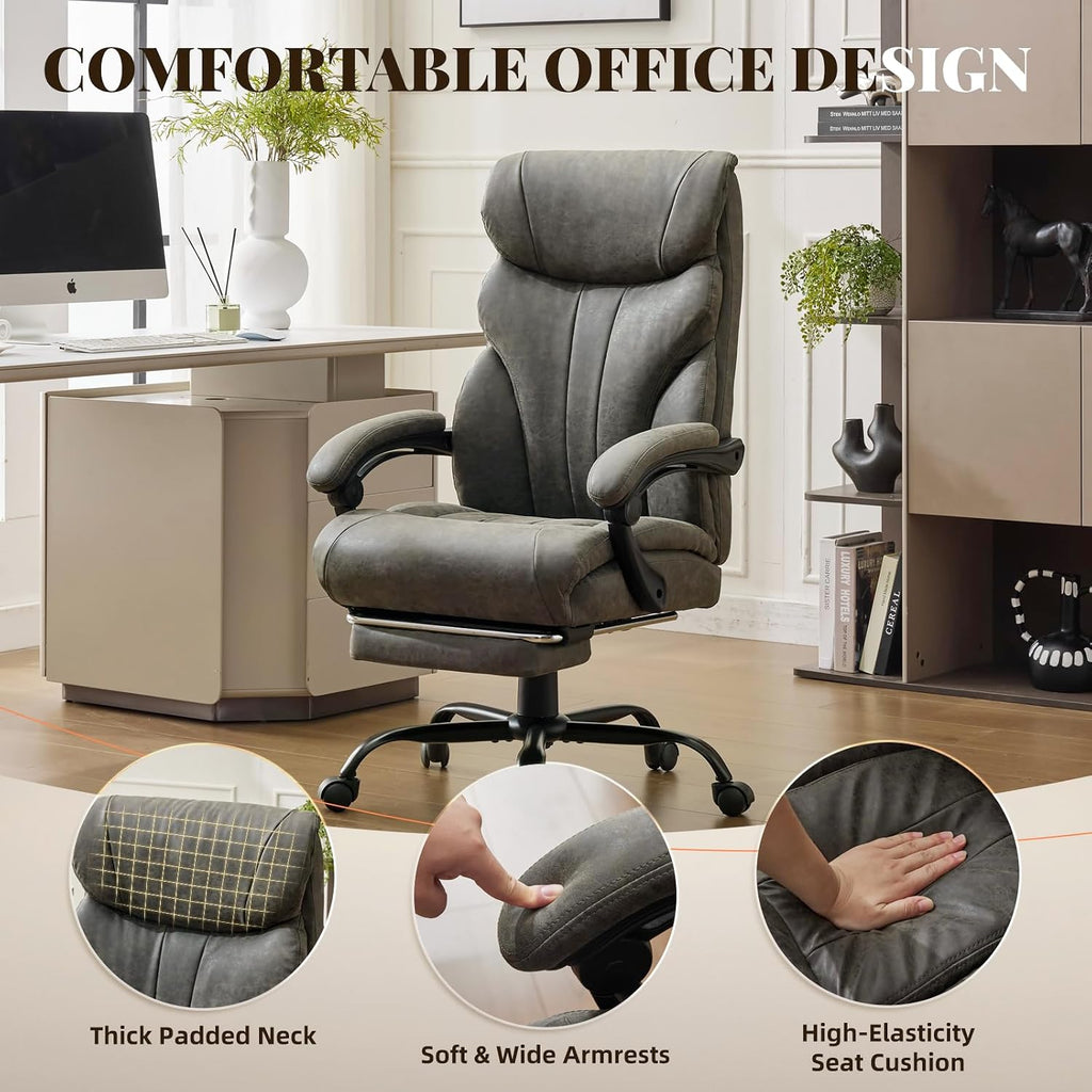 Big and Tall Office Chairs with Foot Rest,500LBS Wide Ergonomic Gaming Chair,100-135°Recline Executive Leather Computer Chairs with Adjustable Height,Gray