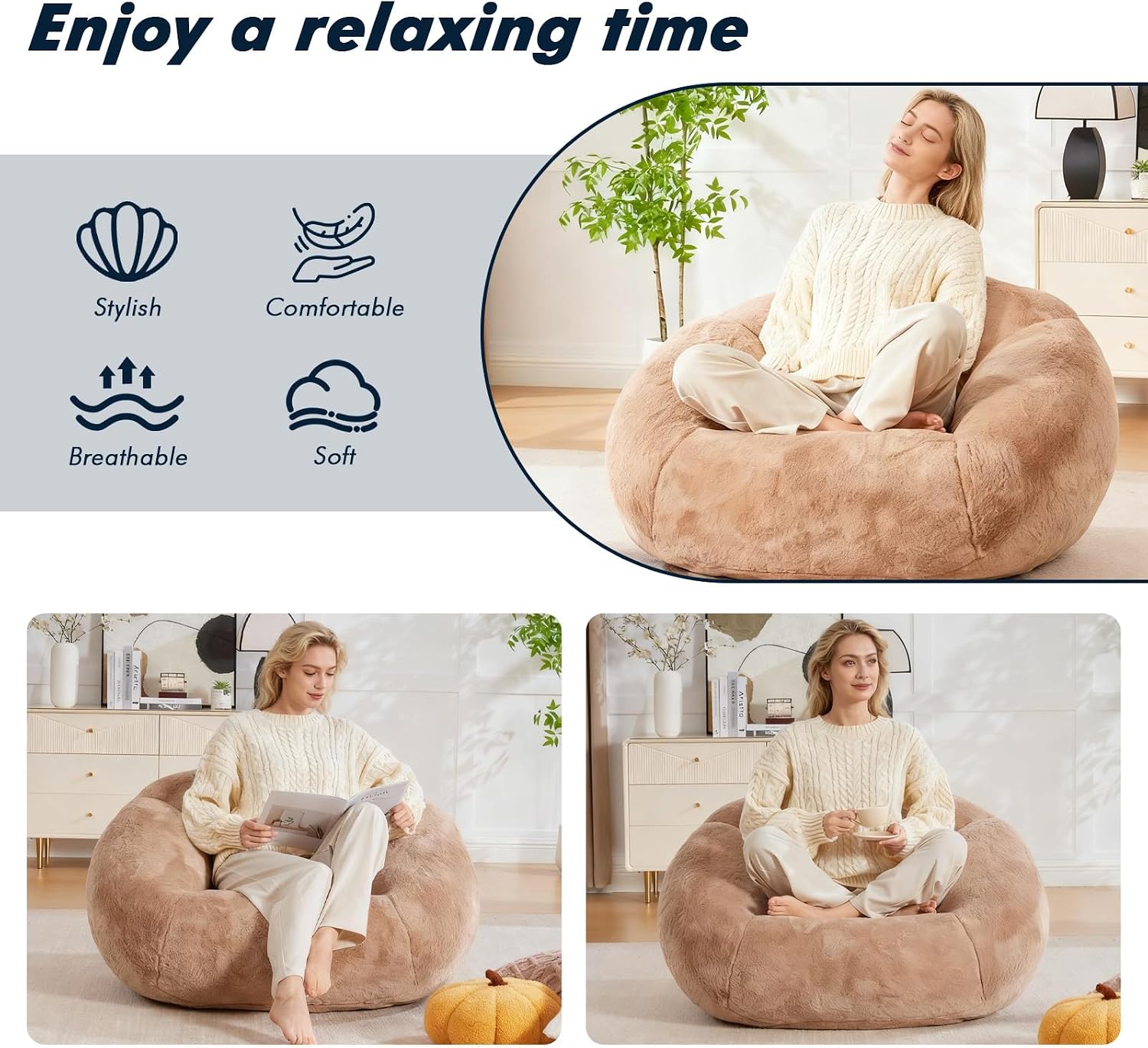 3.28 Feet Bean Bag Chair for Adults, Shell-Shaped Bean Bag Lazy Couch, Faux Fur Cloud Sofa Chair, Lounge Floor Sofa with Filler for Reading, Gaming & Watching, No Assembly Required (Camel)