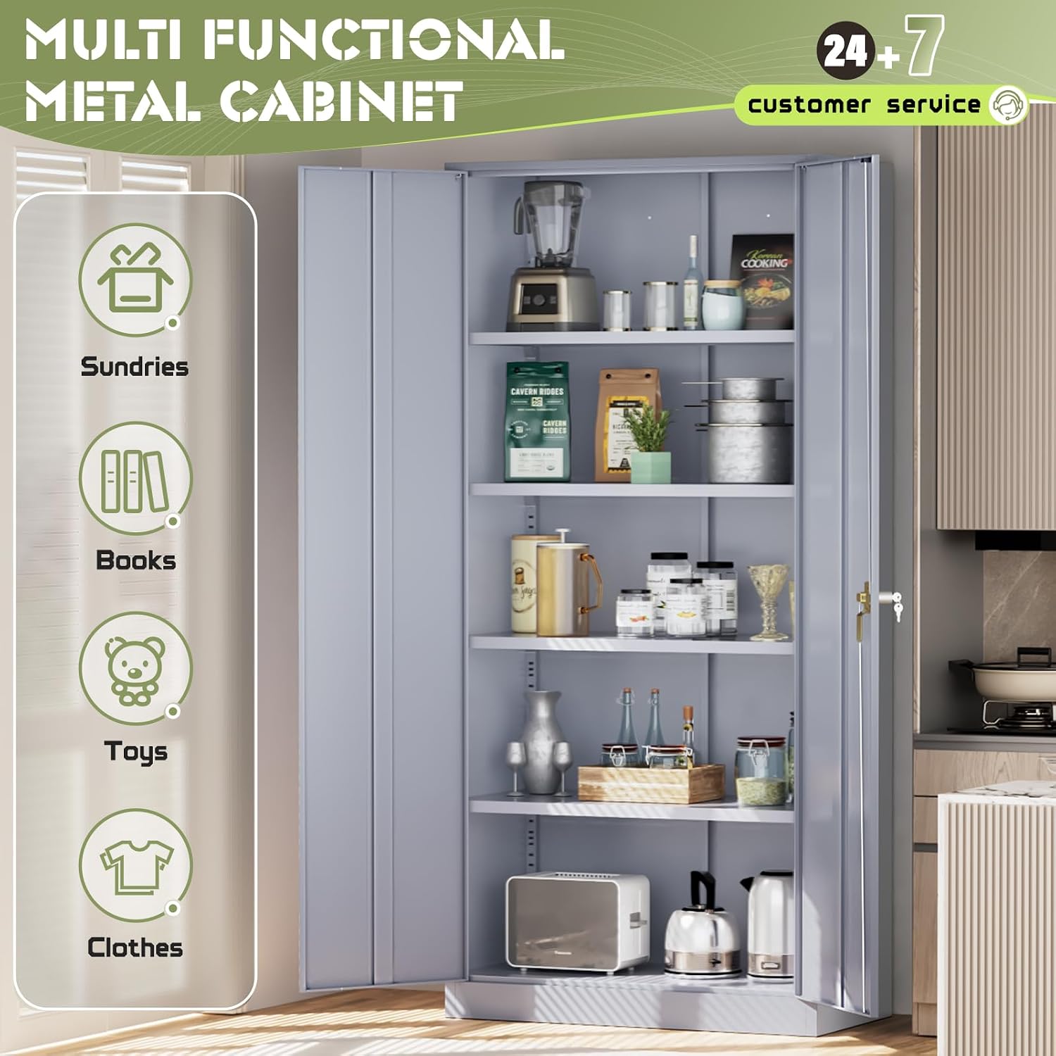 Incbruce 72' H x16 D Patio Metal Storage Cabinet, Outdoor Storage Cabinet with Doors and Adjustable Shelves, Tool Shed for Home, Patio, Office (Grey)