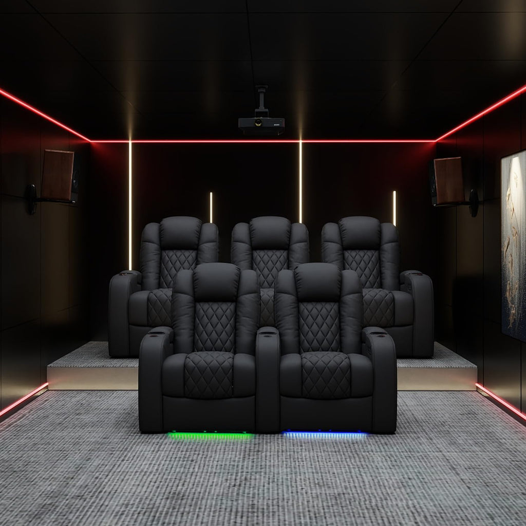 Weilianda Home Theater Seating Top Grain Leather Zero Gravity Recliner Chair Power Headrest Recline Movie Seat Gaming 7 Colors Mood Light Sofa with Tray Table USB Charge Row of 2 Black