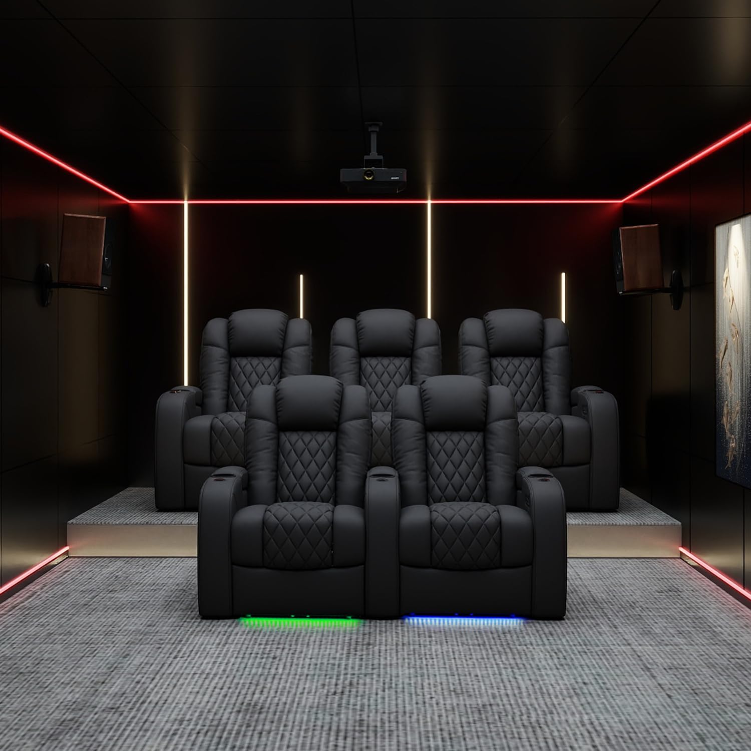 Weilianda Home Theater Seating Top Grain Leather Zero Gravity Recliner Chair Power Headrest Recline Movie Seat Gaming 7 Colors Mood Light Sofa with Tray Table USB Charge Row of 2 Black