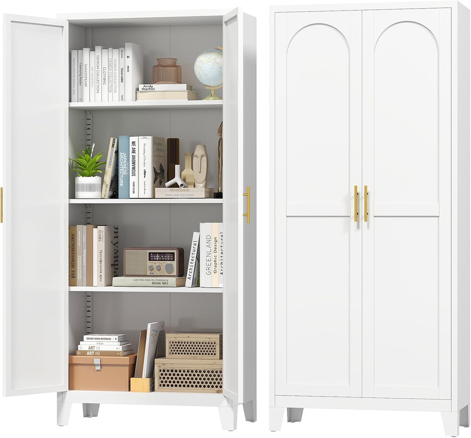 Zevemomo 61' H Metal Kitchen Pantry Cabinet, Freestanding Cupboard with 2 Doors and 3 Adjustable Shelves, Tall Metal Storage Cabinet for Kitchen, Bathroom, Dinning Room or Laundry Room （White）