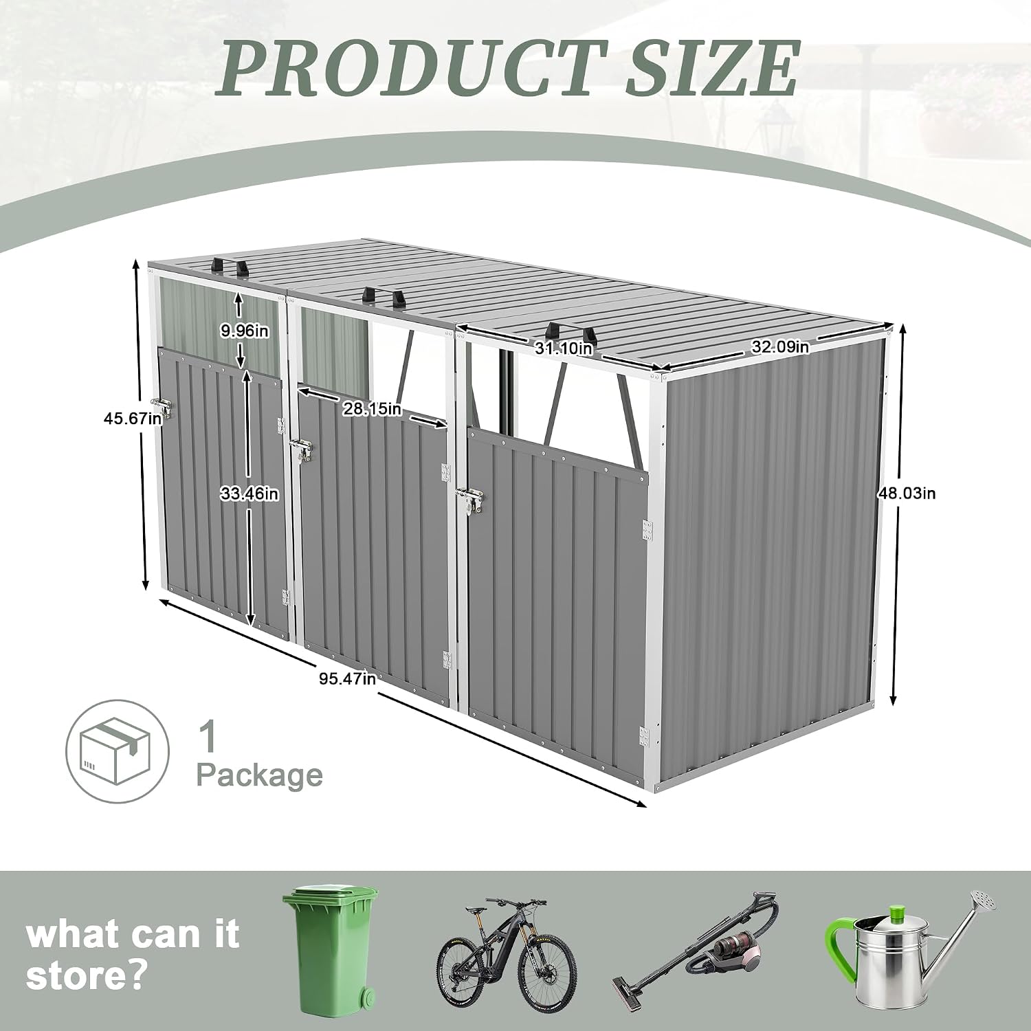 83 Cu Ft Outdoor Storage Shed, Metal Garbage Tool Trash Can Storage, Stainless Galvanized Steel, Pneumatic Support Rod, Bike Storage Shed for 3 Trash Bins (Light Gray+3 Trash Can)