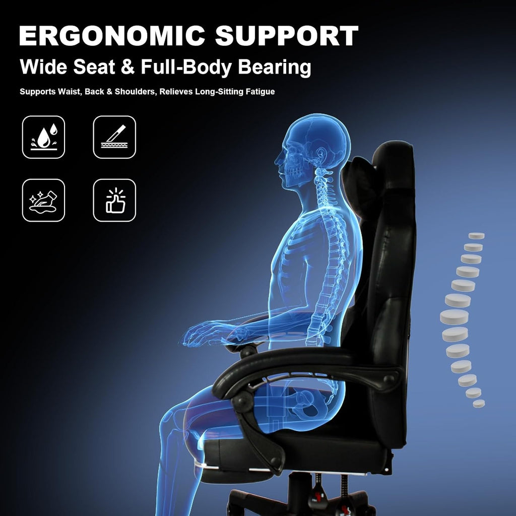Vigosit Gaming Chair PRO, Ergonomic Gaming Chairs for Adults Heavy People, Massage Reclining Office Desk Computer Chair with Footrest and Lumbar Support, Big Tall Mesh Gamer Chair with Cushion (Black)