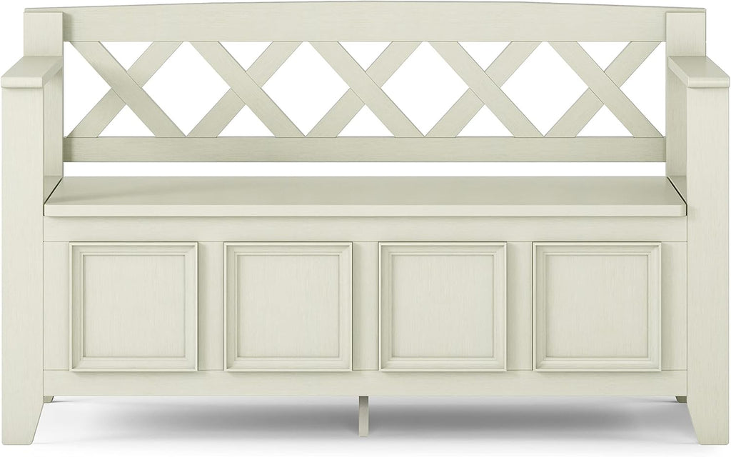 SIMPLIHOME Amherst Entryway Storage Bench - 48 inch Wide Solid Wood Hallway Seat in Antique White, Transitional Bench for Entryway or Living Room with Lift-Up Lid and Spacious Storage