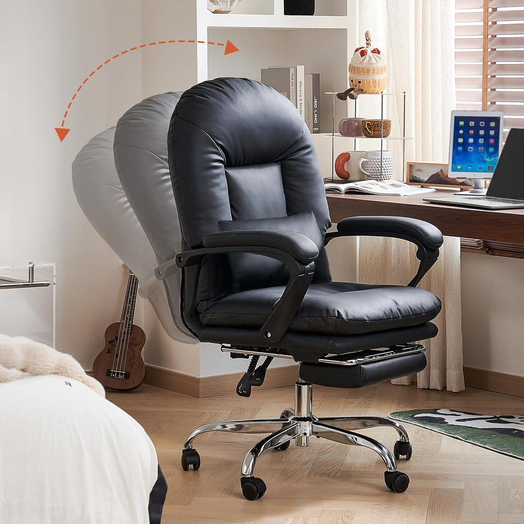 EMIAH Ergonomic Office Chair with Foot Rest Criss Cross Chair with Wheels Reclining Executive Office Chair Mid Back PU Leather Swivel Computer Chairs Lumbar Support for Home Office (Black)