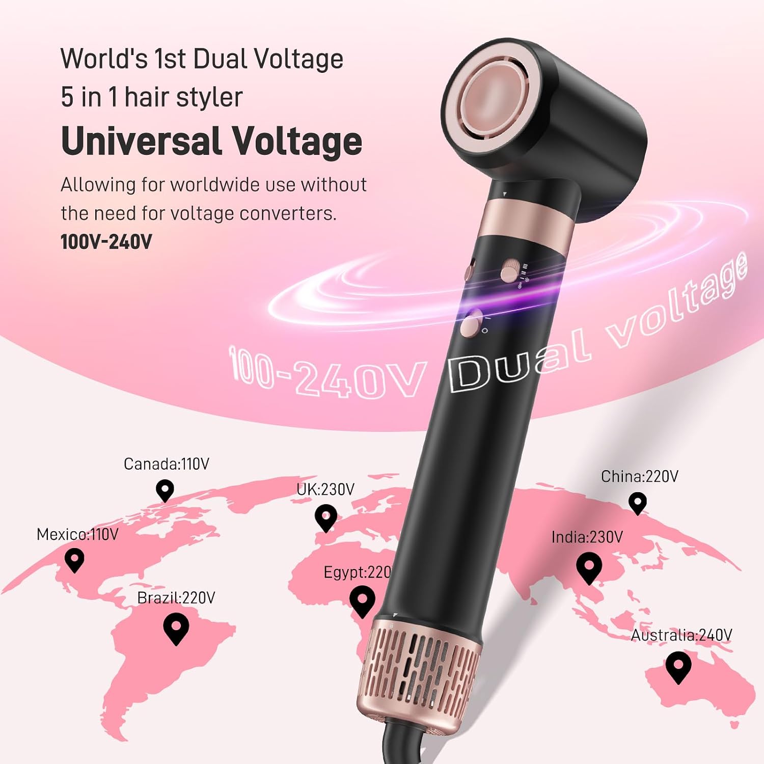 MESCOMB Dual Voltage Hot Air Styler Wrap - 5 in 1 Hair Dryer Brush,Multi Hair Styler, with Fast Drying Blow Dryer, Styling, Straightening & Volumizing-Gift for Women (Black + Pink)