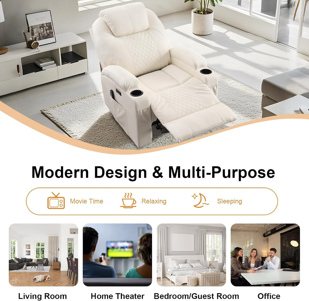 AHMED Power Recliner Chair with Vibration Massage & Heat for Adults, Faux Leather Home Theater Seating with Cup Holders/LED Lights/USB Ports/Side Pockets for Living Room, Beige