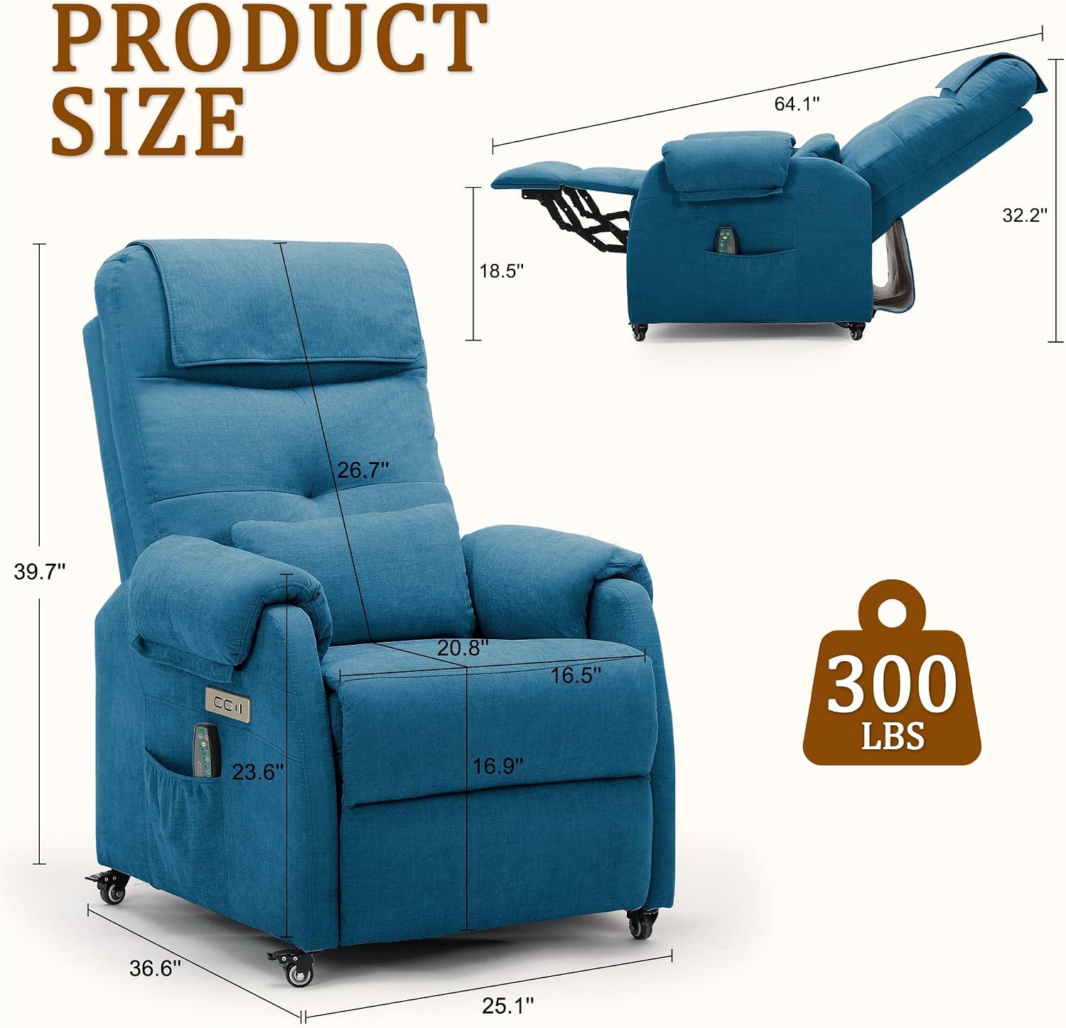 Korser Adult Electric Recliner, Roller Recliner for Small Spaces, Electric Chair with Massage and Heating Functions, USB and Type-C Charging Ports, Fabric Recliners for Living Room and Bedroom