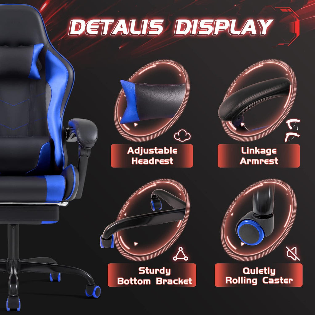 Shahoo Gaming Chair with Footrest and Massage Lumbar Support, Video Game Chairs Height Adjustable Seat with Headrest for Office or Bedroom, Study Room, Dark Blue